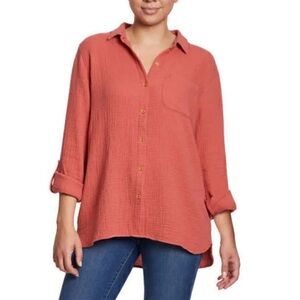 Anne Klein Jeans Women's XL Gauze Roll Tab Sleeve Gold Button Down Shirt Classic